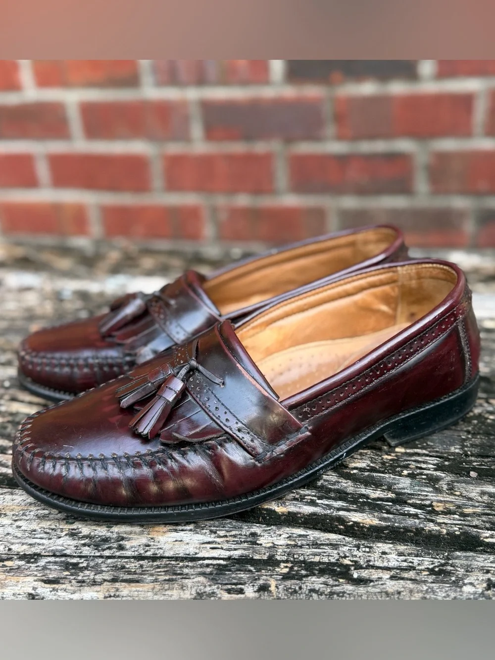 Vintage Bass Nelson Sz 10D Burgundy Leather Tassel Kiltie Loafers with Fringe P4